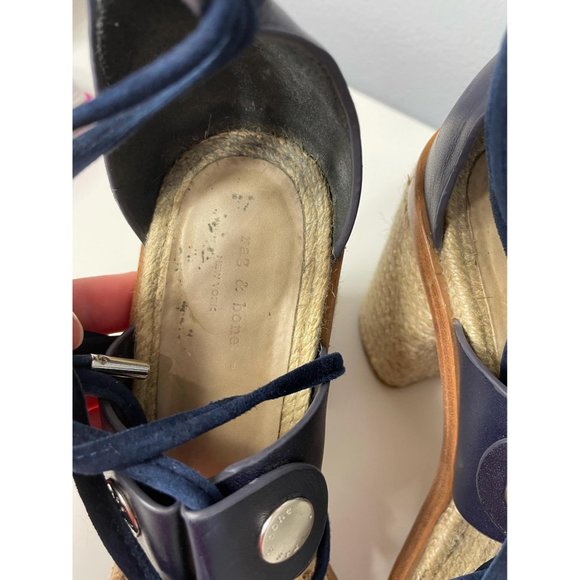 RAG & BONE Navy Eden Leather Raffia Lace-Up Sandal - Picture 9 of 12